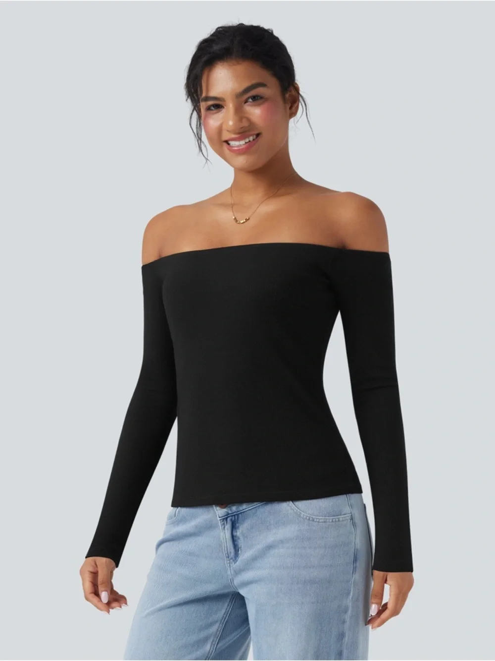 Halara Ribbed Knit Off Shoulder Long Sleeve 2-in-1 Casual Top Black Small
